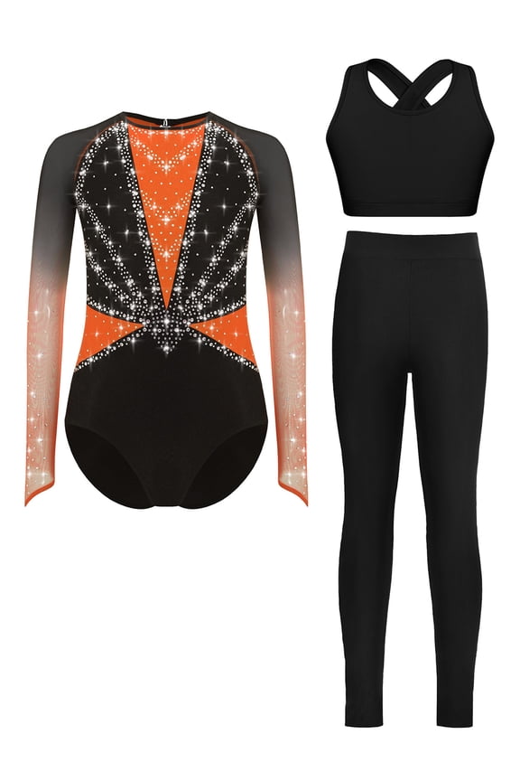 Youth Girls' Athletic Dance Leotards 3-Piece Sparkle Dancing Unitards Bodysuit Vest Tops Leggings Gymnastics Sets Orange 16