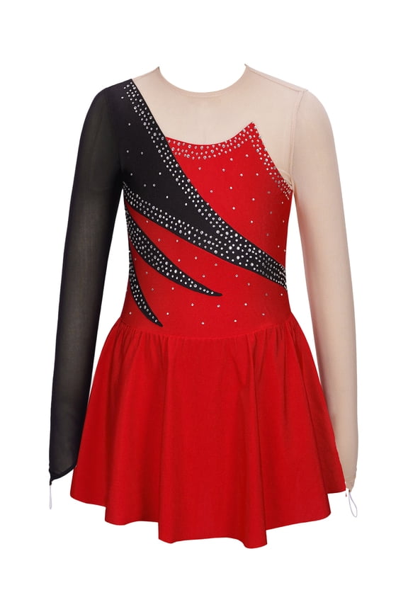 Youth Girls Shiny Sequins Long Sleeve Figure Ice Skating Gymnastic Leotard Dress Dance Costume Active Sports Outfit Red 8