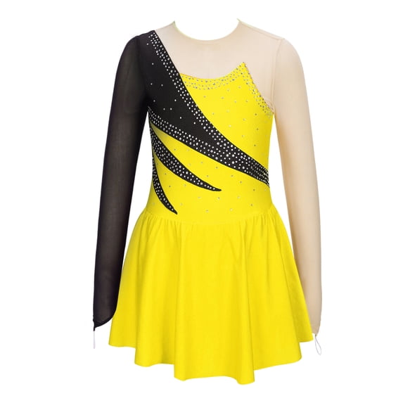 Haitryli Youth Girls Shiny Sequins Long Sleeve Figure Ice Skating Gymnastic Leotard Dress Dance Costume Active Sports Outfit Yellow 16