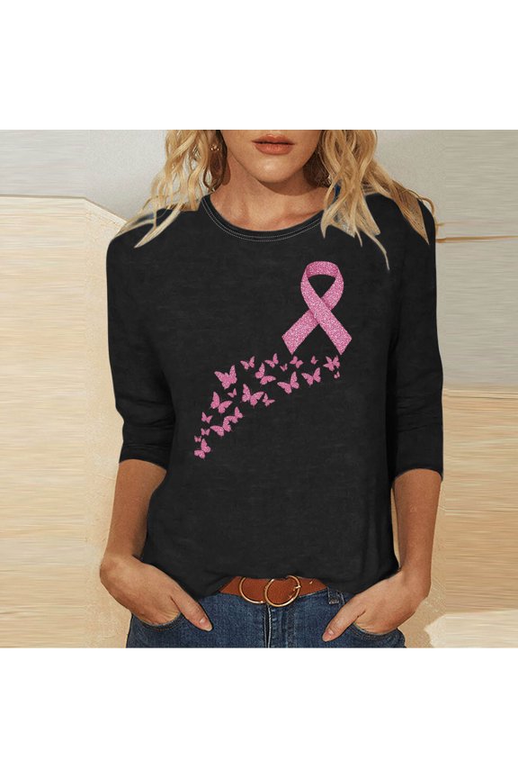 Breast Cancer Shirts for Women Ribbon Hope Long Sleeve T-Shirt Breast Cancer Survivor Tee Tops