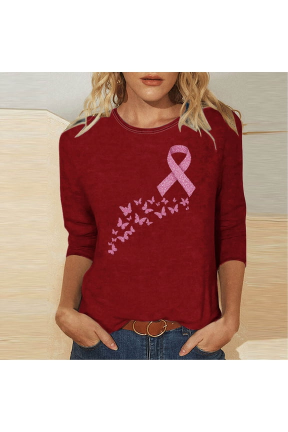 Breast Cancer Shirts for Women Ribbon Hope Long Sleeve T-Shirt Breast Cancer Survivor Tee Tops