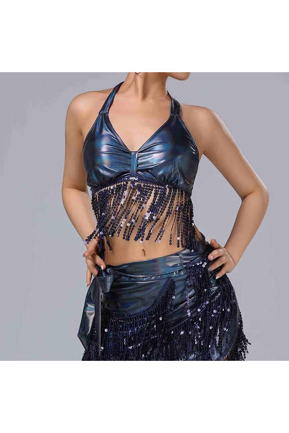 Carnival Halter Neck Fringe Top, Leather Sequin Dance Costume with Built-in Bra, V-neck Crop Top for Stage Performance and Dance Shows