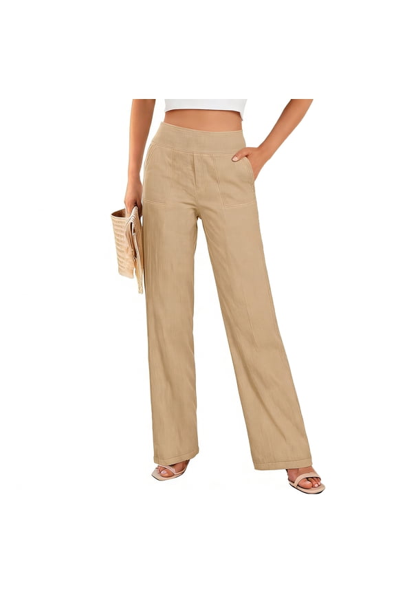 Casual Pants for Woman, High Waist with Pockets, Linen Cotton Blend, Loose Straight Leg for Daily Wear and Travel