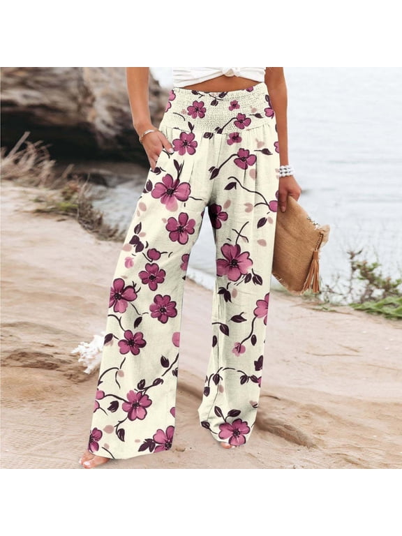 Casual Pants for Woman, Loose Fit with Printed Design, Elastic Waistband and Pockets, High Waist Straight Leg for Daily Wear and Travel