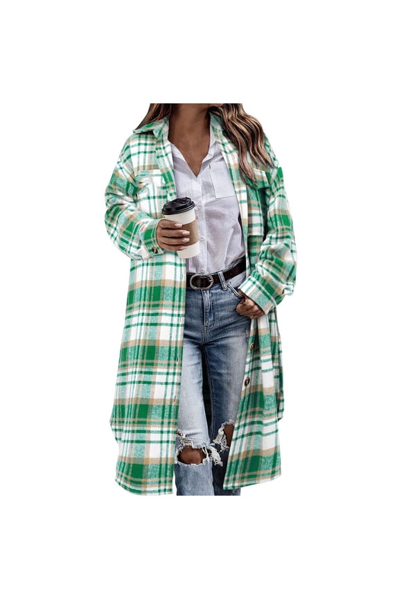 Casual Plaid Nylon Spandex Shirts for Women Oversized Long Shirt Coat Button Down Shirts Blouses Tops