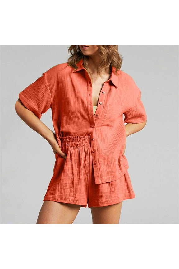 Casual Top and Pants Set for Woman, Short Sleeve Cotton Linen Blend Solid Color, Breathable and Comfortable, for Daily Wear and Travel