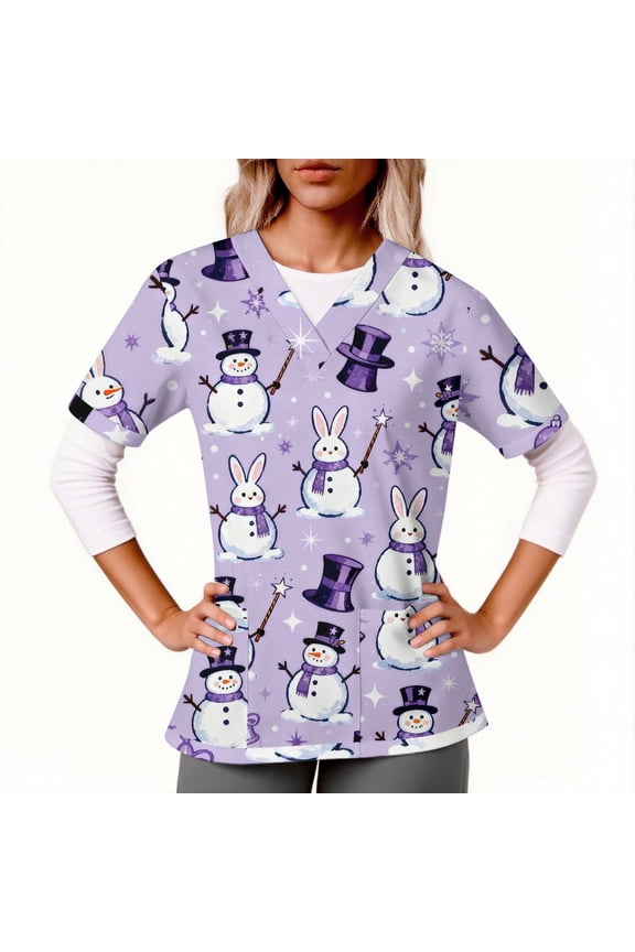 Christmas Women's V-Neck Short Sleeve Top with Double Pockets, Comfortable Nursing Uniform for Work and Holiday