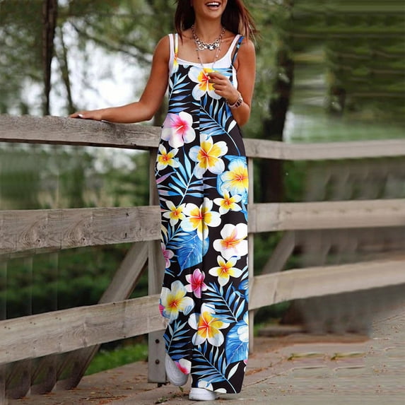 Haivin Jumpsuit for Woman, Floral Print Sleeveless Strappy High-Waisted Wide-Leg with Pockets, for Casual and Daily Wear
