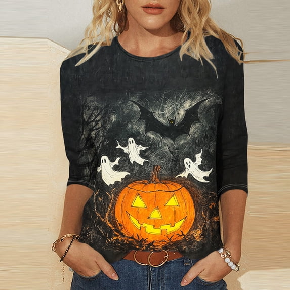 Haivin Ladies Fshion Crew Neck Shirts 3/4 Sleeve Halloween Fall Outfits ...