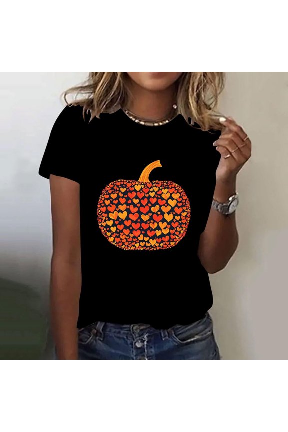 Ladies' Thanksgiving Pumpkin T-shirt Round Neck Short Sleeve Top