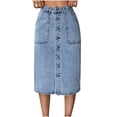thumbnail image 1 of Haivin Ladies' summer solid color pocket buckle versatile retro denim skirt, 1 of 5