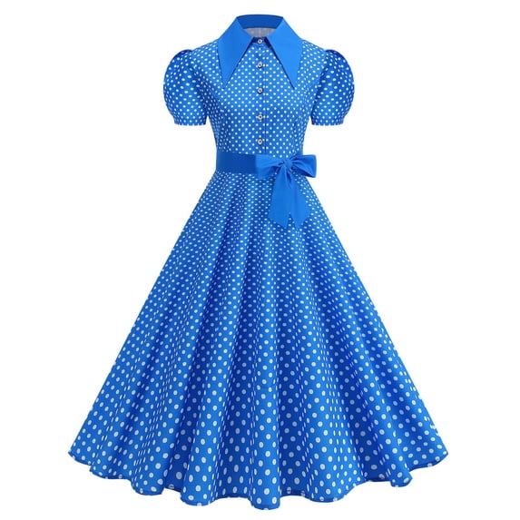 Haivin Ladies' vintage Hepburn style stand up collar short sleeved single breasted polka dot print large swing dress