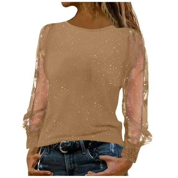 Haivin Long Sleeve Dressy Blouses for Women Glittering Splicing Layers Mesh Tunic Tops Crew Neck Daily Shirts