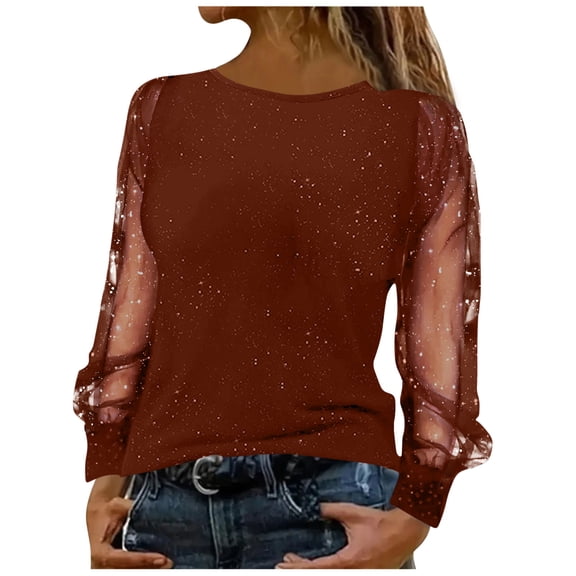 Haivin Long Sleeve Dressy Blouses for Women Glittering Splicing Layers Mesh Tunic Tops Crew Neck Daily Shirts