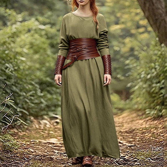 Haivin Medieval Retro Dress for Women, Solid Color with Round Neck and Long Sleeve, Slim Fit Long Length for Daily Wear and Vintage Style Occasions