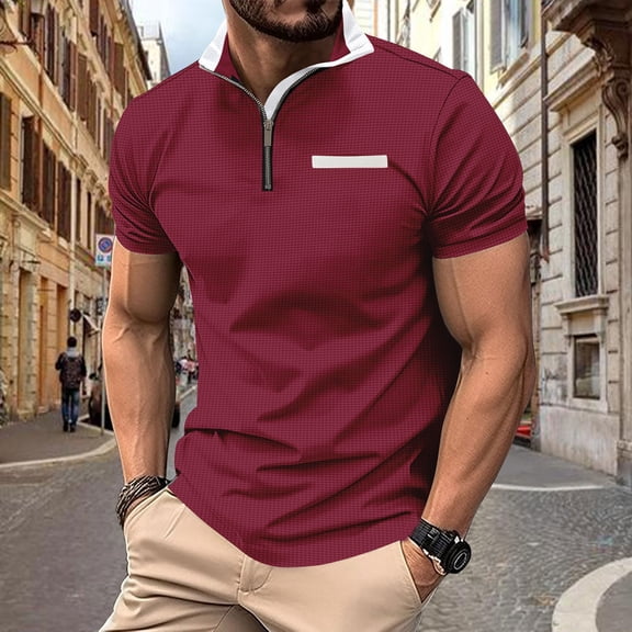 Haivin Men's Color-blocked Mandarin Collar Shirt, Short Sleeve Pullover with Button Details, for Casual Daily Wear