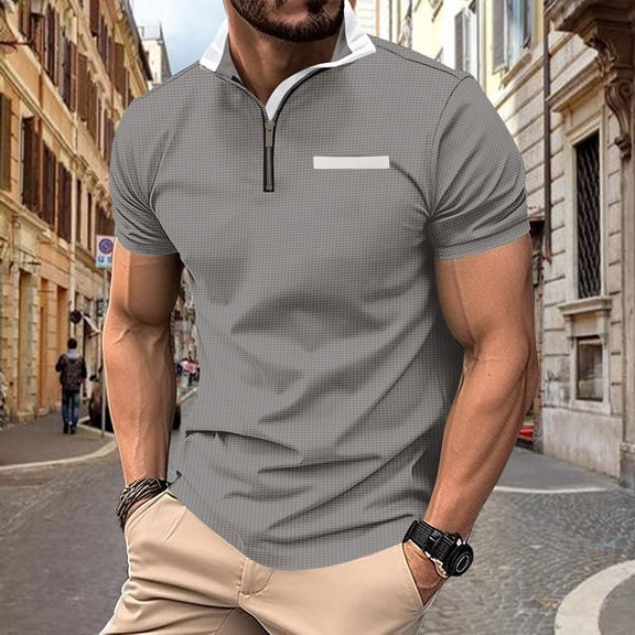 Haivin Men's Color-blocked Mandarin Collar Shirt, Short Sleeve Pullover with Button Details, for Casual Daily Wear
