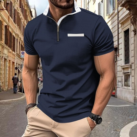 Haivin Men's Color-blocked Mandarin Collar Shirt, Short Sleeve Pullover with Button Details, for Casual Daily Wear