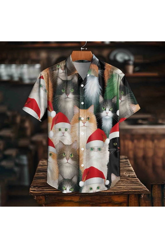 Men's and Women's Short Sleeve Button-Up Shirt with Christmas Print, Casual Plaid Flannel Shirt for Holiday Parties and Festive Gatherings