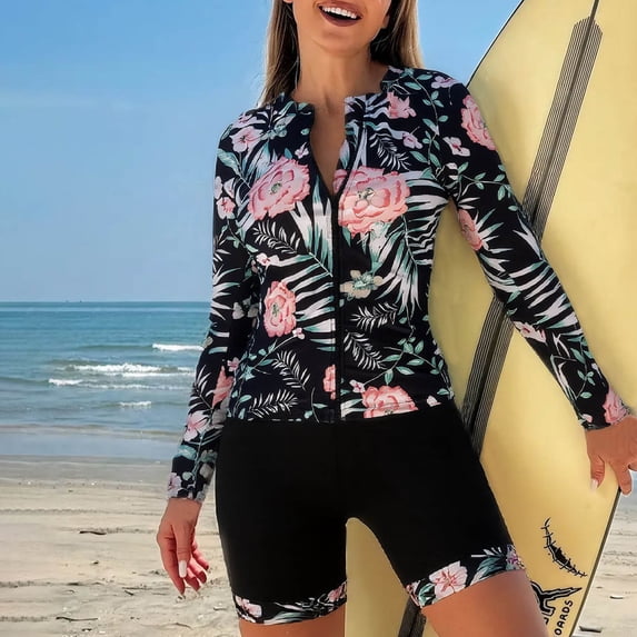 Haivin Tankini for Woman, Hawaiian Print Modest Two-Piece Swimsuit with Zipper, UPF Sun Protection Quick-Dry for Beach Sports and Swimming