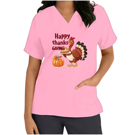 Haivin Thanksgiving Womens Short Sleeve V-Neck Tops with Dual Pockets, Cotton Nursing Uniform for Medical and Home Care