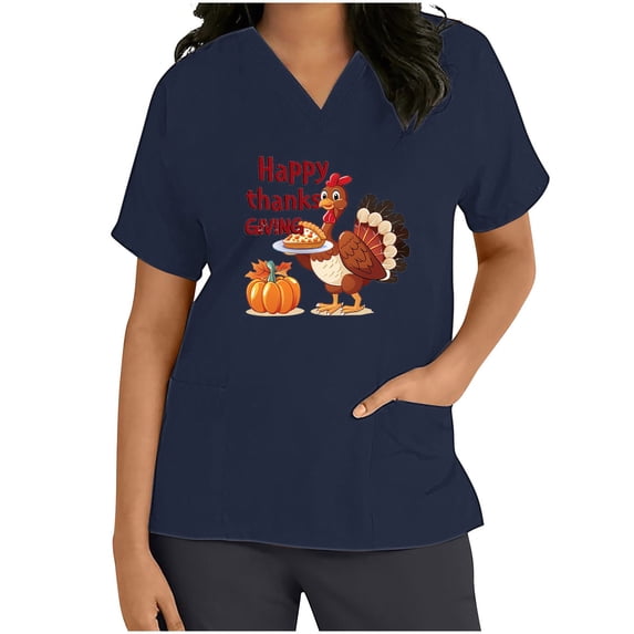 Haivin Thanksgiving Womens Short Sleeve V-Neck Tops with Dual Pockets, Cotton Nursing Uniform for Medical and Home Care