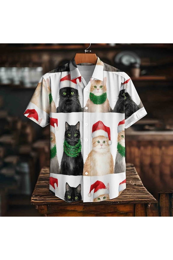 Unisex Short Sleeve Button-Down Shirt with Christmas Print Collar, Casual Flannel Shirt for Holiday and Daily Wear, Lightweight and Comfortable