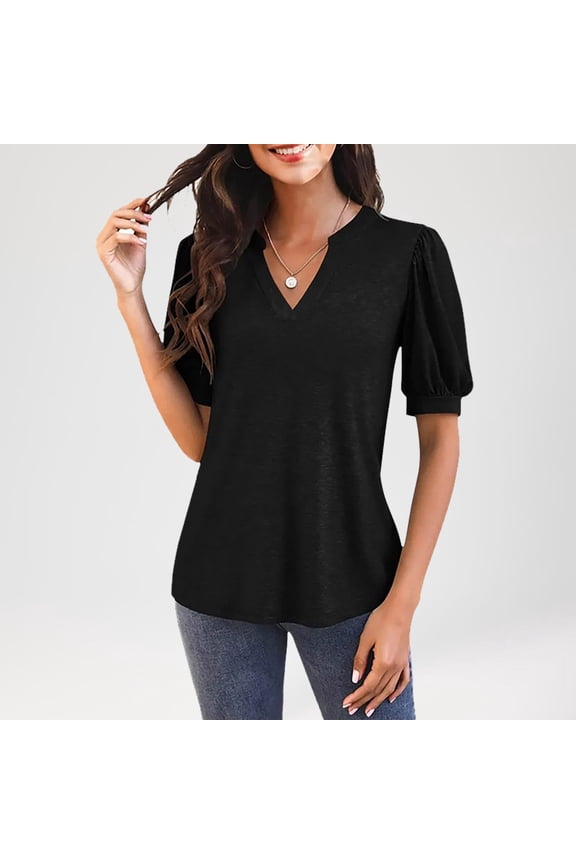 V-Neck Short Sleeve Blouse for Women, Loose Fit Casual Top with Button Front, Breathable Soft Shirt for Office and Daily Wear