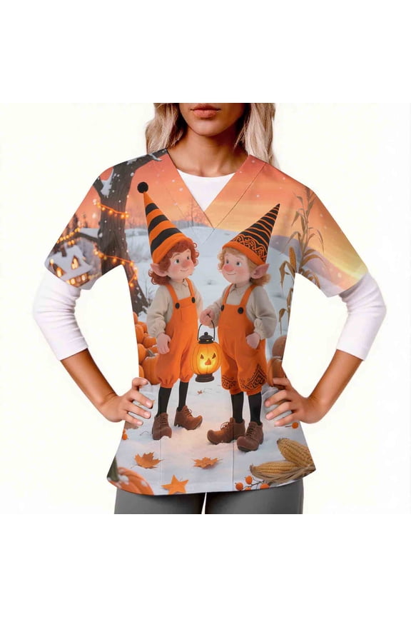V-Neck Short Sleeve Top for Women, Thanksgiving Double Pocket Scrubs, Cotton Blend Nursing Uniform for Work and Holiday