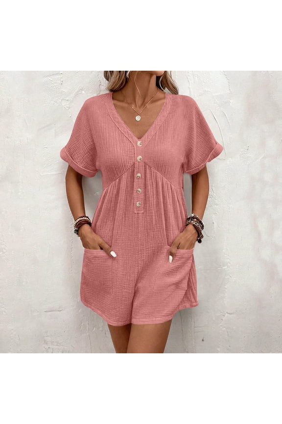 V-neck Romper for Woman with Button Front and Pockets, Casual Summer Outfit for Daily Wear and Vacation
