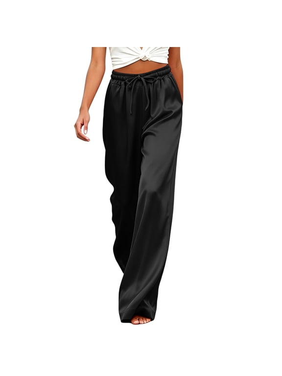 Wide Leg Pants for Women, High Waist Drawstring Flowy Silk Trousers with Pockets, Elegant Satin Wide Leg Bottoms for Office and Evening