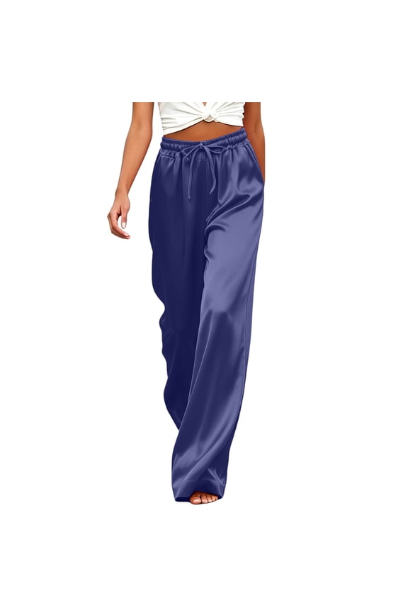Wide Leg Pants for Women, High Waist Drawstring Flowy Silk Trousers with Pockets, Elegant Satin Wide Leg Bottoms for Office and Evening