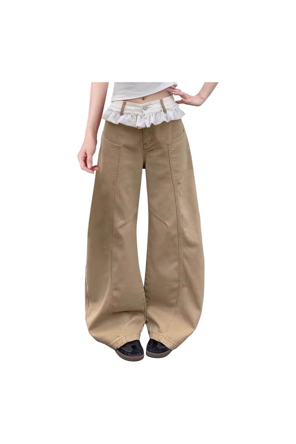 Woman Casual Pants with Lace Trim and Patchwork Design, Versatile for Daily Wear