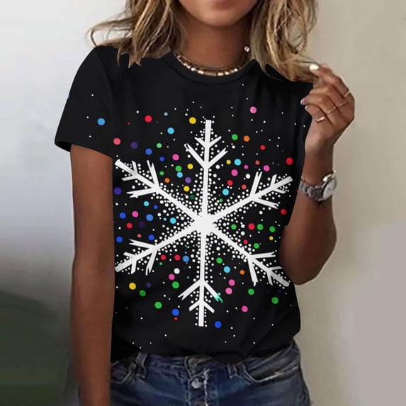Haivin Woman's Christmas Print Short Sleeve Round Neck T-Shirt, Festive Holiday Graphic Top, Casual Cotton Tee for Party and Daily Wear
