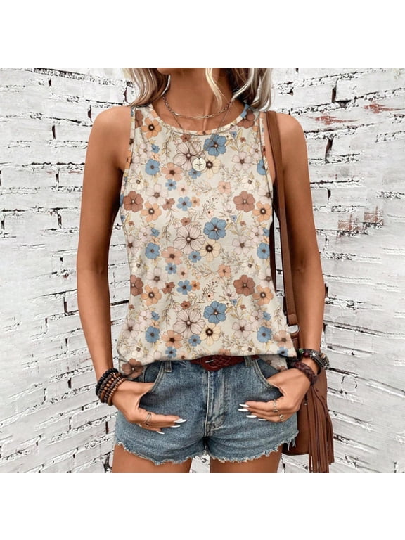 Woman's Summer Sleeveless Top, Loose Fit Round Neck Printed Blouse, Breathable Casual Wear for Daily and Outing