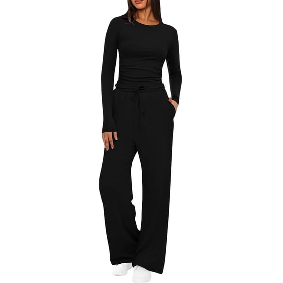 Haivin Women's 2 Piece Set Outfits Lounge Sets Ruched Short Sleeve Tops High Waisted Wide Leg Pants Tracksuit Sets