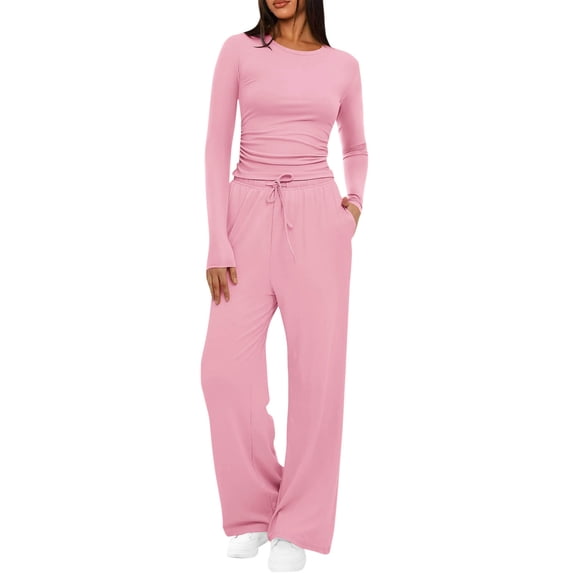 Haivin Women's 2 Piece Set Outfits Lounge Sets Ruched Short Sleeve Tops High Waisted Wide Leg Pants Tracksuit Sets