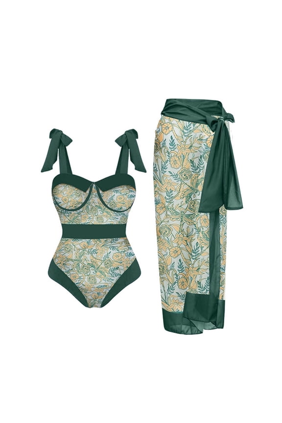 Women's 2-Piece Swimsuit Set: Sexy One-Piece with Bikini Tie Straps and Fourth of July Print, Plus Long Cover-Up Dress for Beach and Vacation