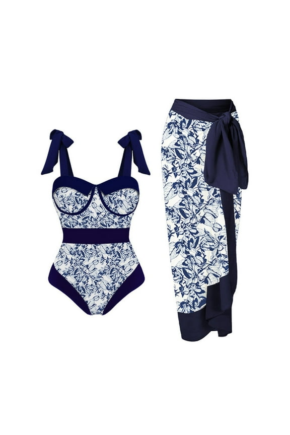 Women's 2-Piece Swimsuit Set: Sexy One-Piece with Bikini Tie Straps and Fourth of July Print, Plus Long Cover-Up Dress for Beach and Vacation