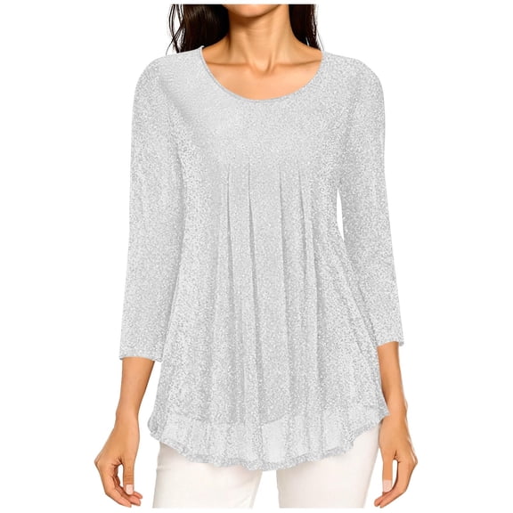 Haivin Women's 3/4 Sleeve Tunic Tops Casual Loose Fit Floral Blouses Mesh Pleated Layered Shirt