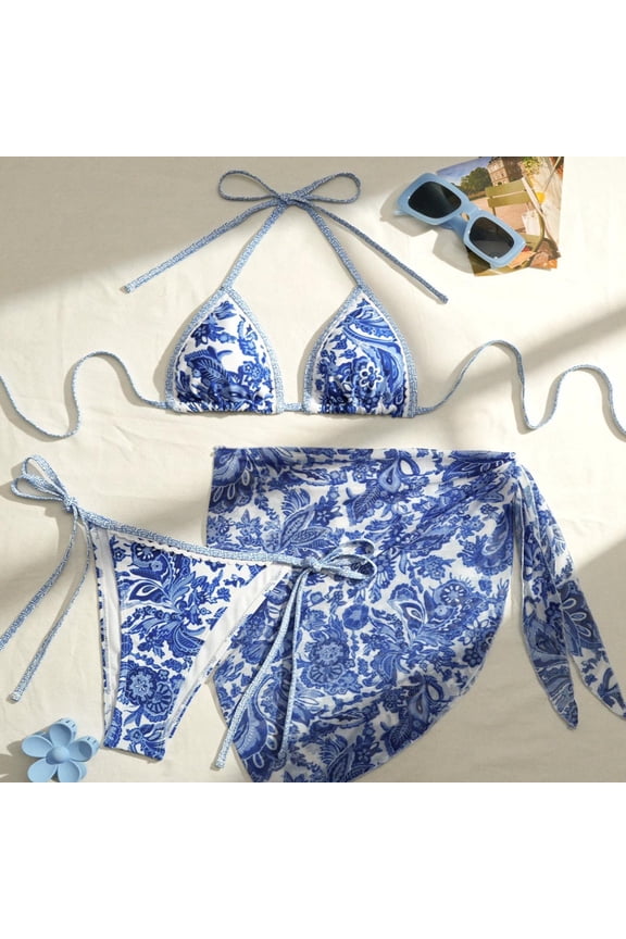 Women's 3-Piece Bikini Swimsuit with Casual Print and Wrap Cover-Up, for Beach, Pool and Vacation