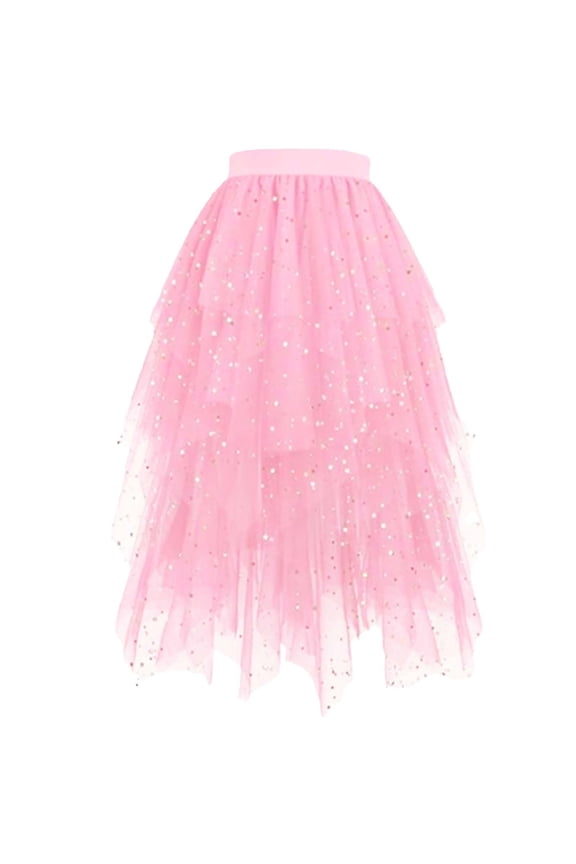 Women's A-Line Fairy Patterned Elastic Waist Ruffle Tulle Layered Midi Skirt