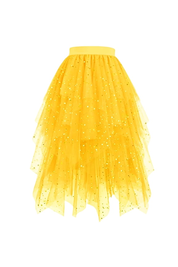 Women's A-Line Fairy Patterned Elastic Waist Ruffle Tulle Layered Midi Skirt