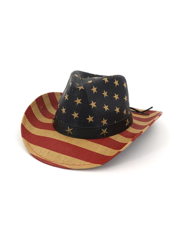 Women's American Flag Print Straw Hat with Wide Brim, Sun Protective for Outdoor Activities, Independence Day, Patriotic Events and Daily Use in Pink and Red