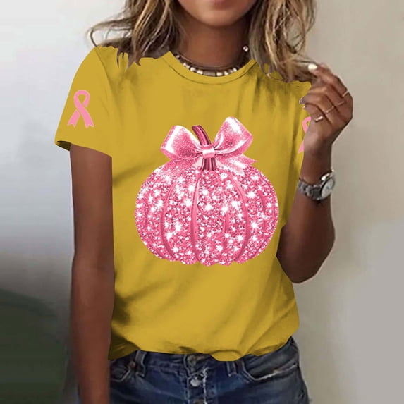 Haivin Women's Autumn Sparkly Breast Cancer Pumpkin Print Short Sleeve T-Shirt, Comfortable Round Neck Top for Casual Wear and Fall Outfits