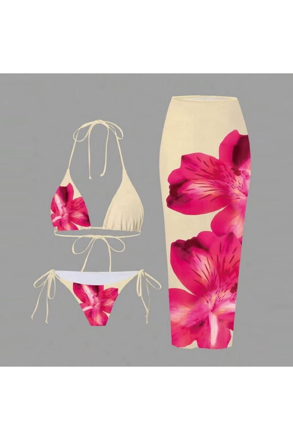 Women's Bikini Swimsuit, Sexy Solid Color Backless Two-Piece with Wave Design, Swimwear Set for Beach and Vacation