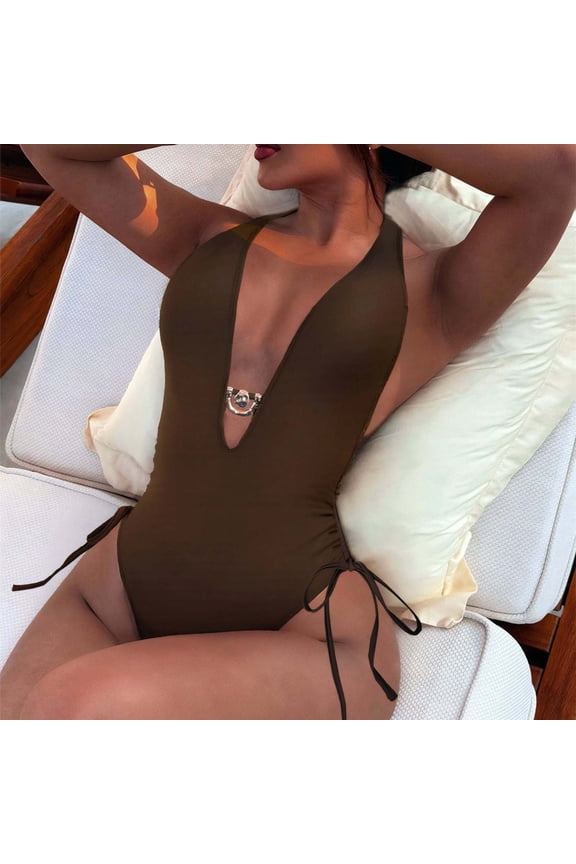 Women's Bikini Swimsuit, Sexy Solid Color Backless Two-Piece with Wave Design, Swimwear Set for Beach and Vacation