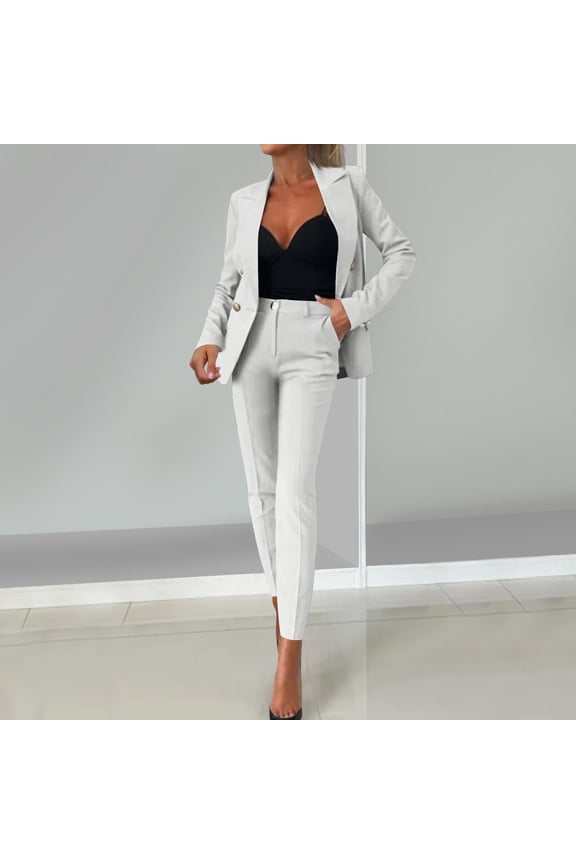 Women's Blazer and Pants Set, Solid Color Chic Design, Long Sleeve Casual Office Wear for Work and Daily Commute