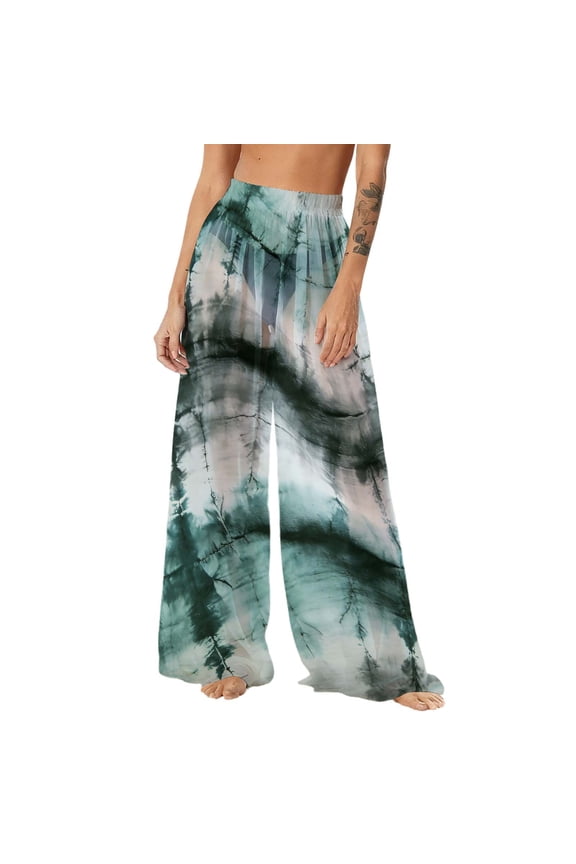 Women's Bohemian Beach Pants, Chiffon Print Wide Leg Cover-Up with Sun Protection, Lightweight Flowy Palazzo Pants for Vacation and Resort Wear