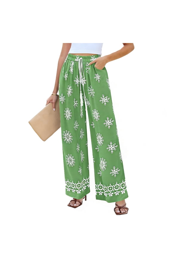 Women's Bohemian Print Wide Leg Pants, Elastic Waist with Drawstring, Lightweight Beach Vacation Trousers for Resort and Casual Wear